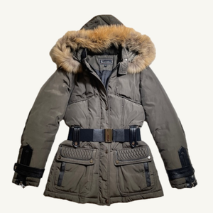 Froccella Olive Green & Black Mid Length Winter Coat with Fox Fur Size Small